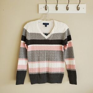 Karen Scott v neck sweater PS Petite Cable Knit Striped New